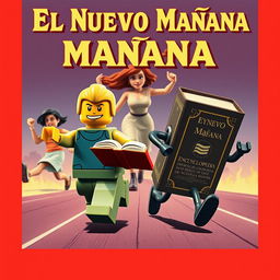 A retro movie poster featuring a Lego figure running forward while carrying an open book