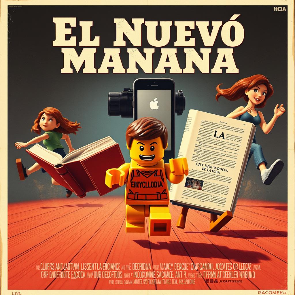 A retro movie poster featuring a Lego figure running forward while carrying an open book