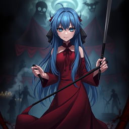 A dark fantasy anime scene titled 'Riyukan,' portraying a 19-year-old girl with long blue hair and striking light blue eyes