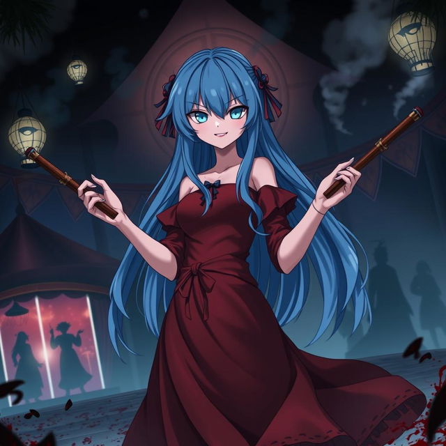 A dark fantasy anime scene titled 'Riyukan,' portraying a 19-year-old girl with long blue hair and striking light blue eyes