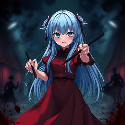 A dark fantasy anime scene titled 'Riyukan,' portraying a 19-year-old girl with long blue hair and striking light blue eyes