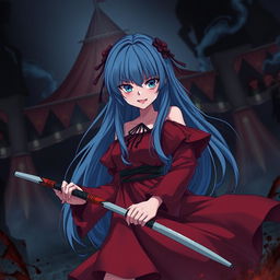 A dark fantasy anime scene titled 'Riyukan,' portraying a 19-year-old girl with long blue hair and striking light blue eyes