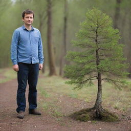 A scale comparison of the world's smallest tree, the Dwarf Willow, photographed next to a normal-sized human. The minute stature of the tree, contrasted with the size of the human, showcases the remarkable diversity of nature's creations.