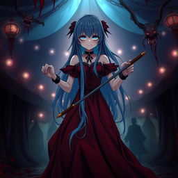 A dark fantasy anime titled 'Riyukan,' featuring a 19-year-old girl with long blue hair and captivating light blue eyes