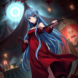 A dark fantasy anime titled 'Riyukan,' featuring a 19-year-old girl with long blue hair and captivating light blue eyes