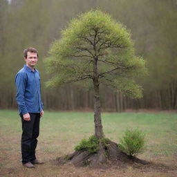 A scale comparison of the world's smallest tree, the Dwarf Willow, photographed next to a normal-sized human. The minute stature of the tree, contrasted with the size of the human, showcases the remarkable diversity of nature's creations.