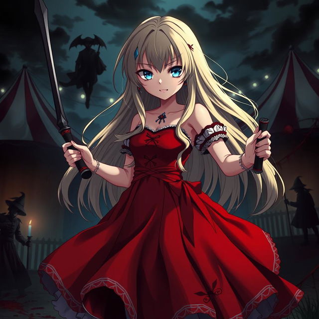 A dark fantasy anime scene titled 'Riyukan,' depicting a 19-year-old girl with long blonde hair and piercing light blue eyes