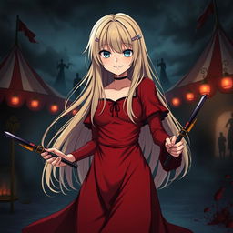 A dark fantasy anime scene titled 'Riyukan,' depicting a 19-year-old girl with long blonde hair and piercing light blue eyes