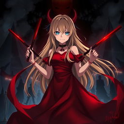 A dark fantasy anime scene titled 'Riyukan,' depicting a 19-year-old girl with long blonde hair and piercing light blue eyes