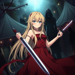 A dark fantasy anime scene titled 'Riyukan,' depicting a 19-year-old girl with long blonde hair and piercing light blue eyes