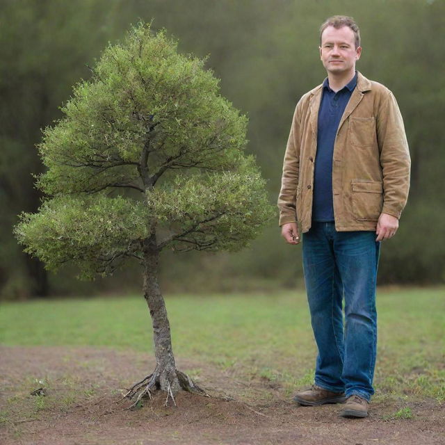 A scale comparison of the world's smallest tree, the Dwarf Willow, photographed next to a normal-sized human. The minute stature of the tree, contrasted with the size of the human, showcases the remarkable diversity of nature's creations.