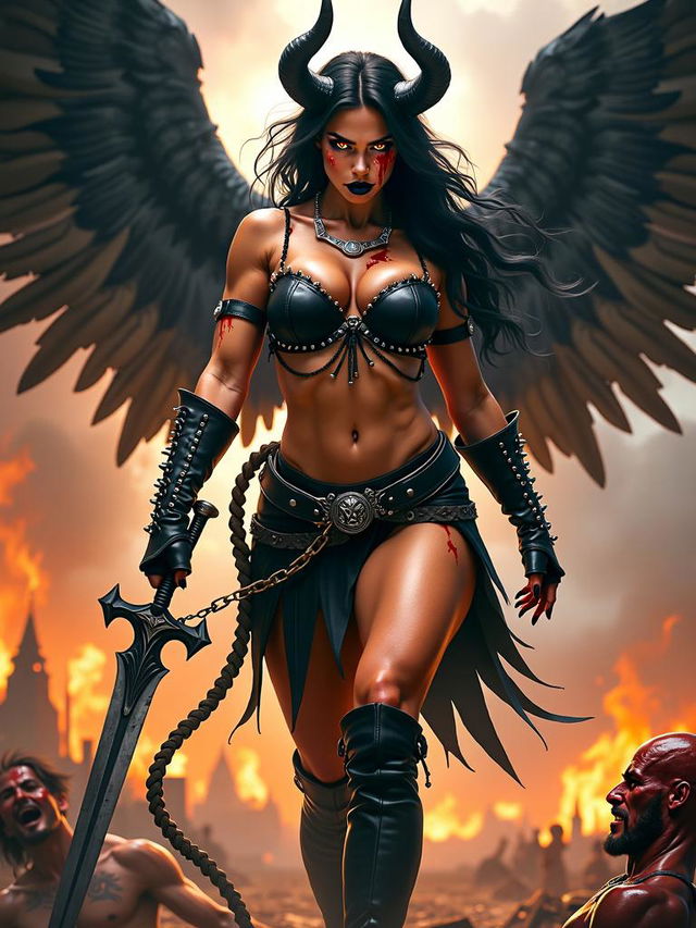 An imposing mythological angry muscle woman portrayed in a black spiked leather tubetop that emphasizes her muscular physique, featuring well-defined six-pack abs and robust arms