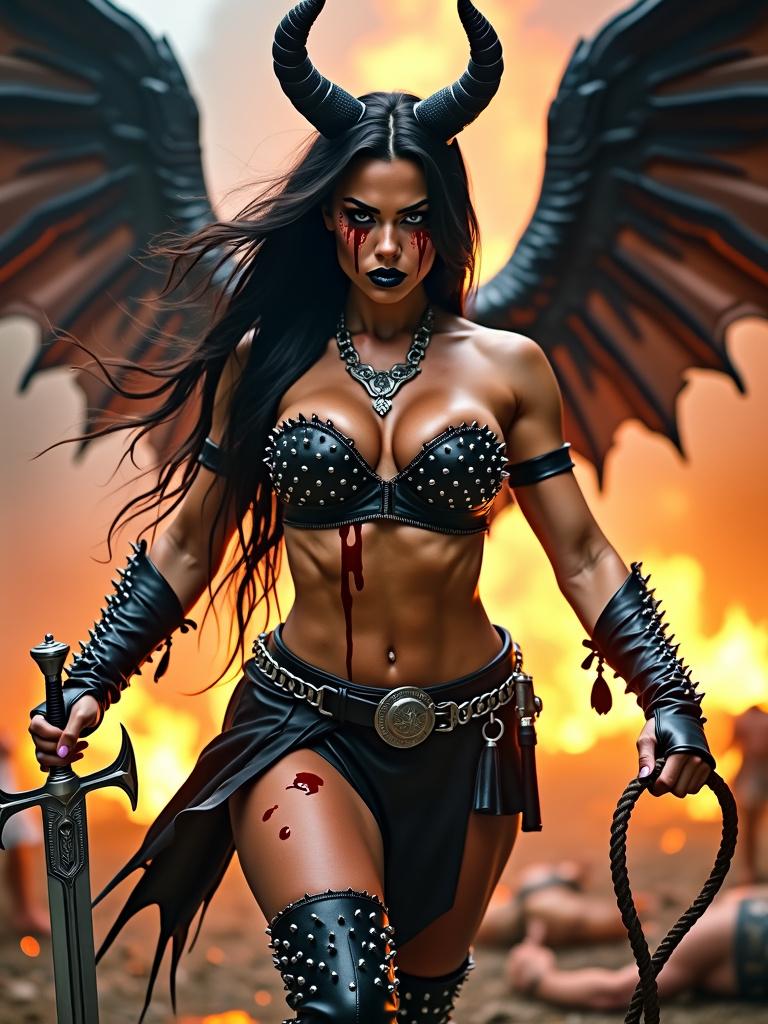 An intense mythological angry muscle woman portrayed in a black spiked leather tube top and matching black leather high boots, showcasing her powerful physique with impressive six-pack muscles and big arms