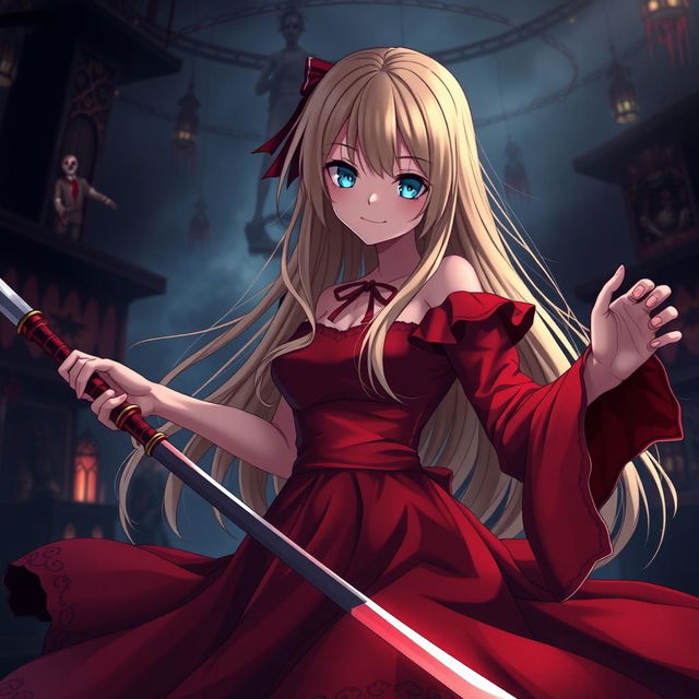 A dark fantasy anime titled 'Riyukan,' featuring a 19-year-old girl with long blonde hair and mesmerizing light blue eyes