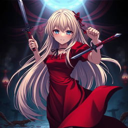 A dark fantasy anime titled 'Riyukan,' featuring a 19-year-old girl with long blonde hair and mesmerizing light blue eyes