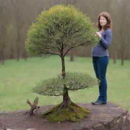 A scale comparison of the world's smallest tree, the Dwarf Willow, photographed next to a normal-sized human. The minute stature of the tree, contrasted with the size of the human, showcases the remarkable diversity of nature's creations.