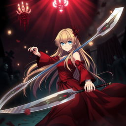 A dark fantasy anime titled 'Riyukan,' featuring a 19-year-old girl with long blonde hair and mesmerizing light blue eyes