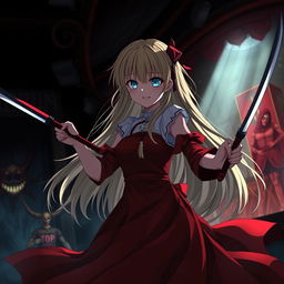 A dark fantasy anime titled 'Riyukan,' featuring a 19-year-old girl with long blonde hair and mesmerizing light blue eyes