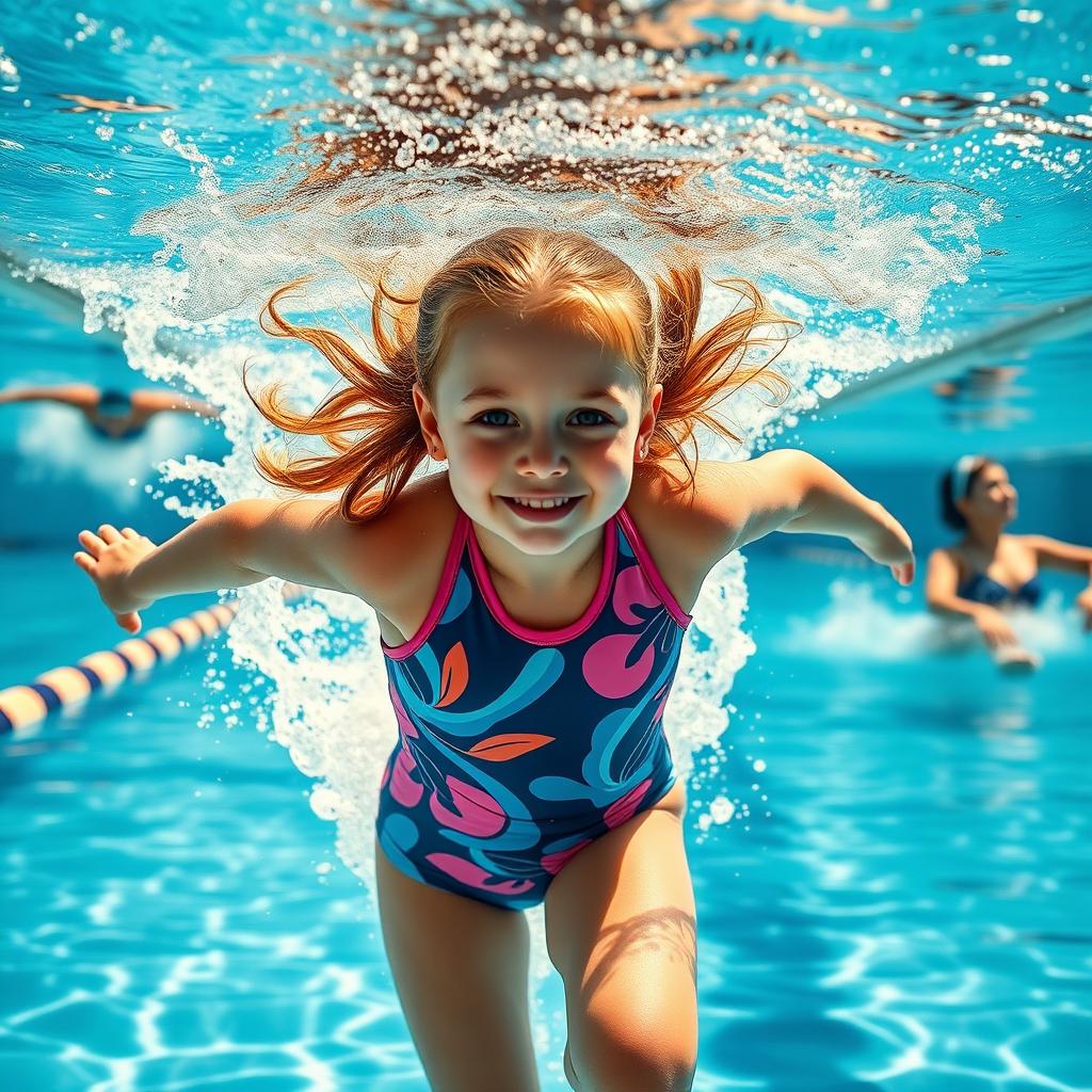 A young girl gracefully diving into a swimming pool, wearing a stylish water polo suit