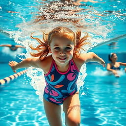 A young girl gracefully diving into a swimming pool, wearing a stylish water polo suit