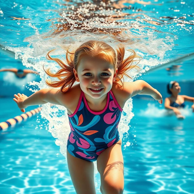 A young girl gracefully diving into a swimming pool, wearing a stylish water polo suit