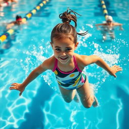 A young girl gracefully diving into a swimming pool, wearing a stylish water polo suit