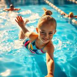 A young girl gracefully diving into a swimming pool, wearing a stylish water polo suit