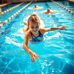 A young girl gracefully diving into a swimming pool, wearing a stylish water polo suit