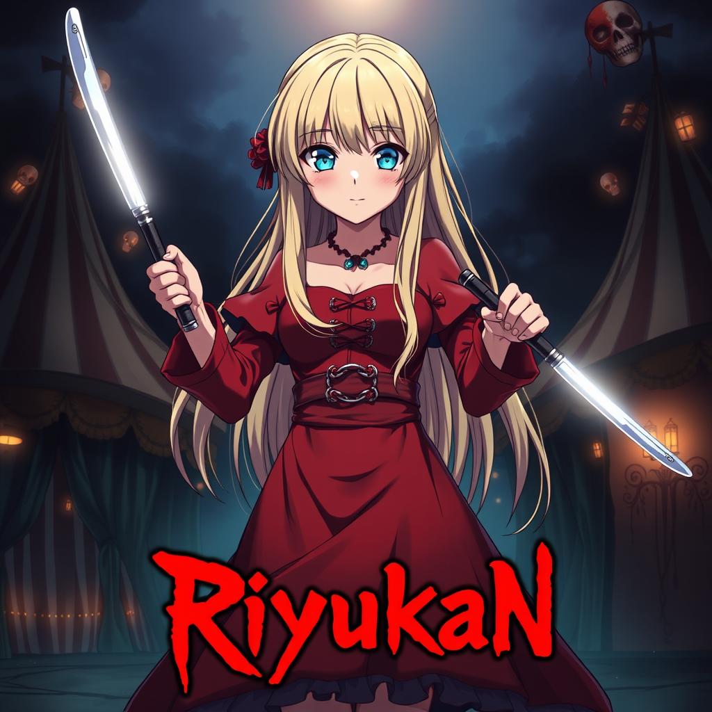 Anime cover art for the dark fantasy series titled 'Riyukan,' featuring a 19-year-old girl with long blonde hair and vibrant light blue eyes