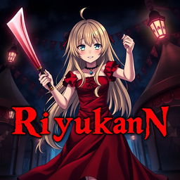 Anime cover art for the dark fantasy series titled 'Riyukan,' featuring a 19-year-old girl with long blonde hair and vibrant light blue eyes