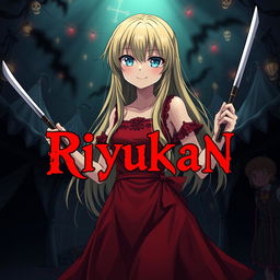 Anime cover art for the dark fantasy series titled 'Riyukan,' featuring a 19-year-old girl with long blonde hair and vibrant light blue eyes