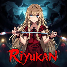 Anime cover art for the dark fantasy series titled 'Riyukan,' prominently featuring a 19-year-old girl with long, flowing blonde hair and striking light blue eyes