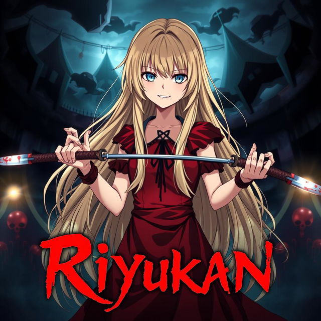 Anime cover art for the dark fantasy series titled 'Riyukan,' prominently featuring a 19-year-old girl with long, flowing blonde hair and striking light blue eyes