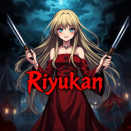 Anime cover art for the dark fantasy series titled 'Riyukan,' prominently featuring a 19-year-old girl with long, flowing blonde hair and striking light blue eyes