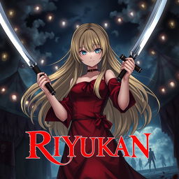 Anime cover art for the dark fantasy series titled 'Riyukan,' prominently featuring a 19-year-old girl with long, flowing blonde hair and striking light blue eyes