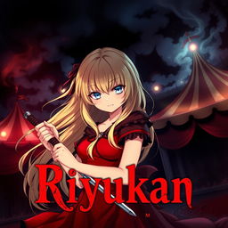 Anime cover art for the dark fantasy series titled 'Riyukan,' prominently featuring a 19-year-old girl with long, flowing blonde hair and striking light blue eyes