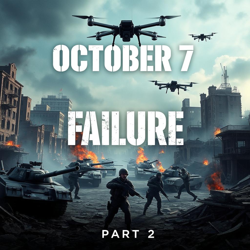 A visually striking poster for a game titled "October 7 Failure, Part 2" featuring a war-torn city scene