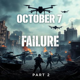 A visually striking poster for a game titled "October 7 Failure, Part 2" featuring a war-torn city scene