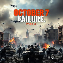 A visually striking poster for a game titled "October 7 Failure, Part 2" featuring a war-torn city scene