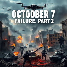 A visually striking poster for a game titled "October 7 Failure, Part 2" featuring a war-torn city scene