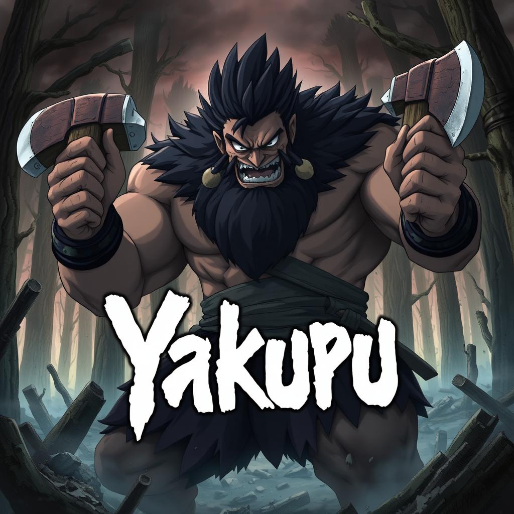 Anime cover art for the dark fantasy series titled 'Yakuru,' featuring a large, muscular barbarian character wielding two axes, one in each hand