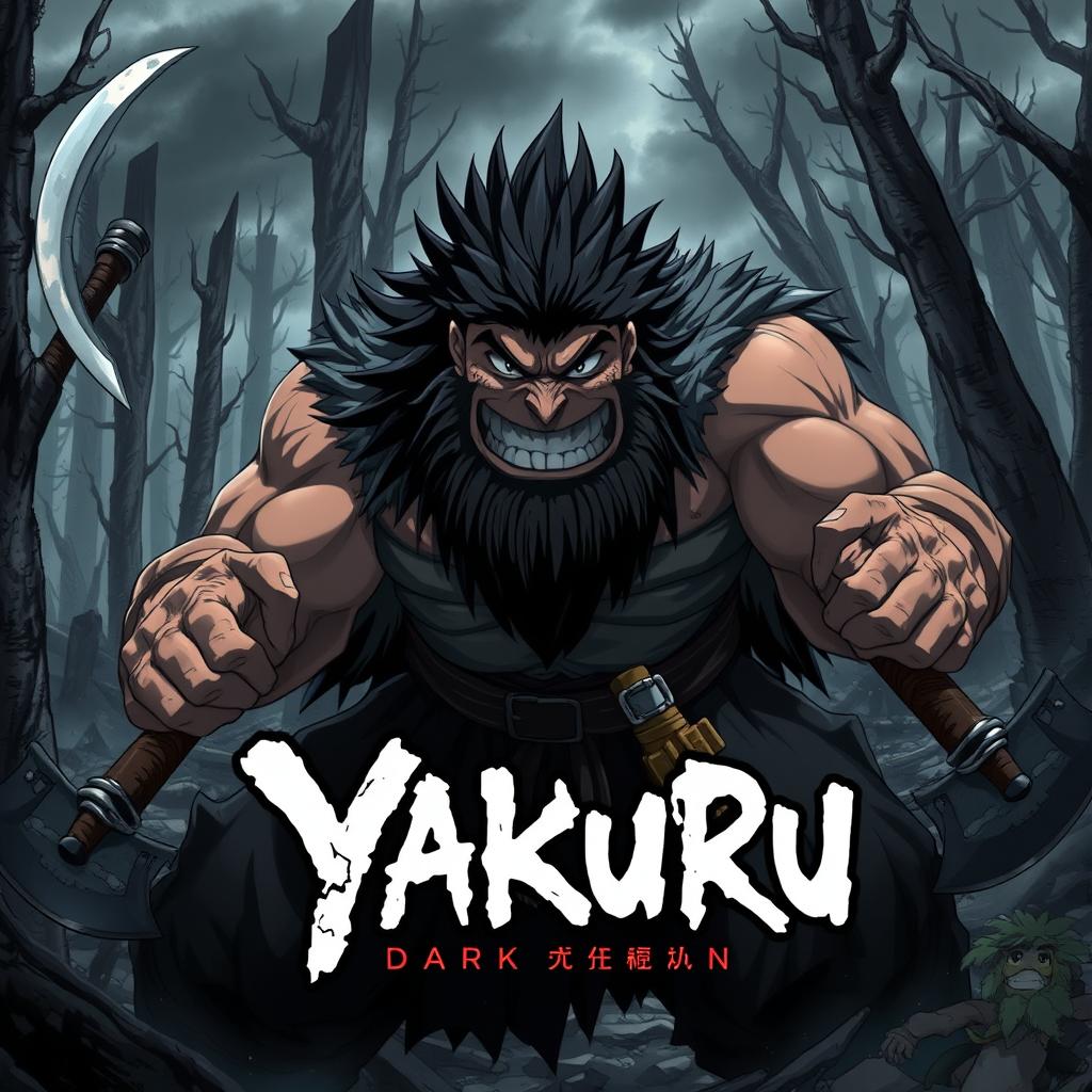 Anime cover art for the dark fantasy series titled 'Yakuru,' featuring a large, muscular barbarian character wielding two axes, one in each hand