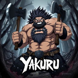 Anime cover art for the dark fantasy series titled 'Yakuru,' featuring a large, muscular barbarian character wielding two axes, one in each hand