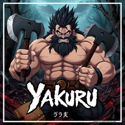 Anime cover art for the dark fantasy series titled 'Yakuru,' featuring a large, muscular barbarian character wielding two axes, one in each hand