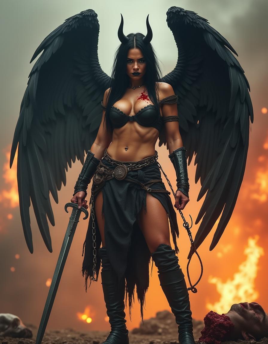 A powerful, mythological warrior woman with an angry expression, showcasing her formidable muscles in an impressive iron top and iron tall boots