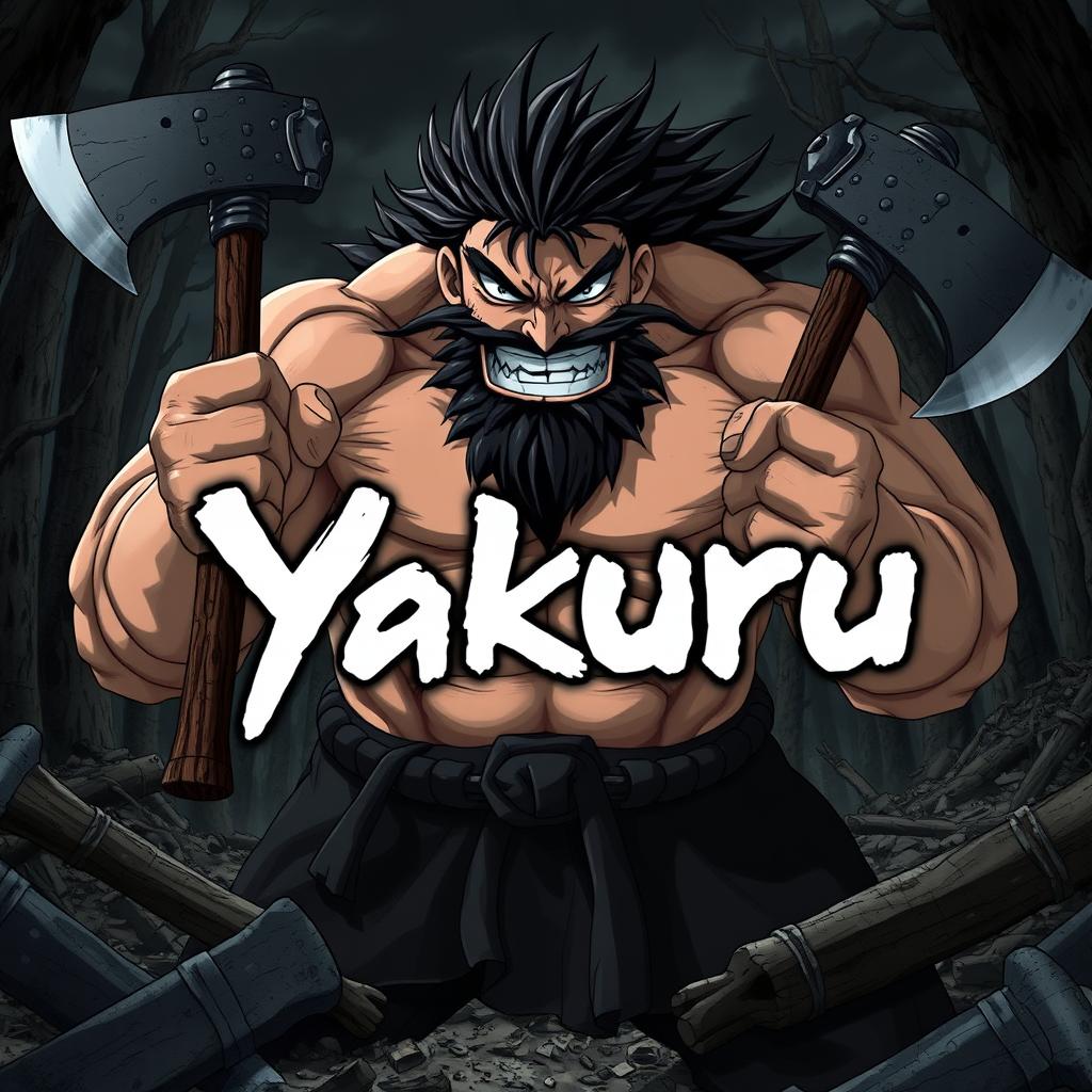 Anime cover art for the dark fantasy series titled 'Yakuru,' showcasing a large, muscular barbarian character wielding two imposing axes, one in each hand