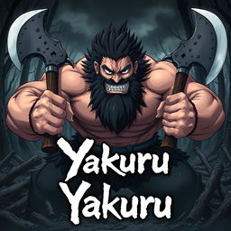 Anime cover art for the dark fantasy series titled 'Yakuru,' showcasing a large, muscular barbarian character wielding two imposing axes, one in each hand