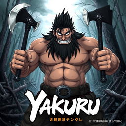 Anime cover art for the dark fantasy series titled 'Yakuru,' showcasing a large, muscular barbarian character wielding two imposing axes, one in each hand