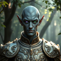 A half-elf paladin with a face shape reminiscent of Mads Mikkelsen, featuring grey skin