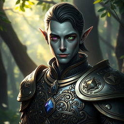 A half-elf paladin with a face shape reminiscent of Mads Mikkelsen, featuring grey skin